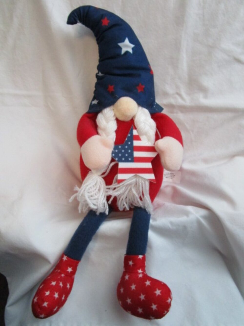 FOURTH OF JULY STUFFED FABRIC GNOME WITH BRAIDS AND STAR